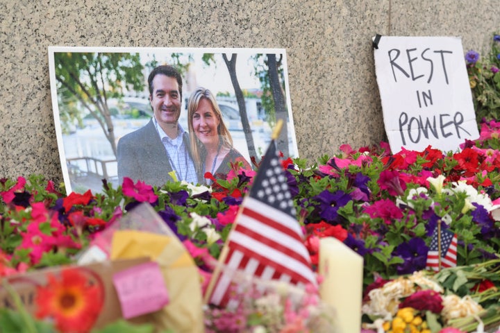 A makeshift memorial for state Rep. Melissa Hortman and her husband Mark Hortman on the Minnesota State Capitol building on June 16, 2025 in St. Paul, Minnesota.