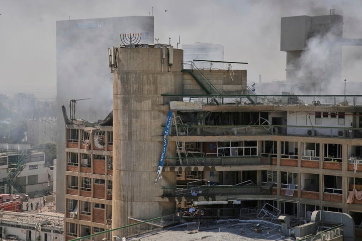 Smokes raises from a building of the Soroka hospital complex after it was hit by a missile fired from Iran in Be'er Sheva, Israel, on June 19, 2025.